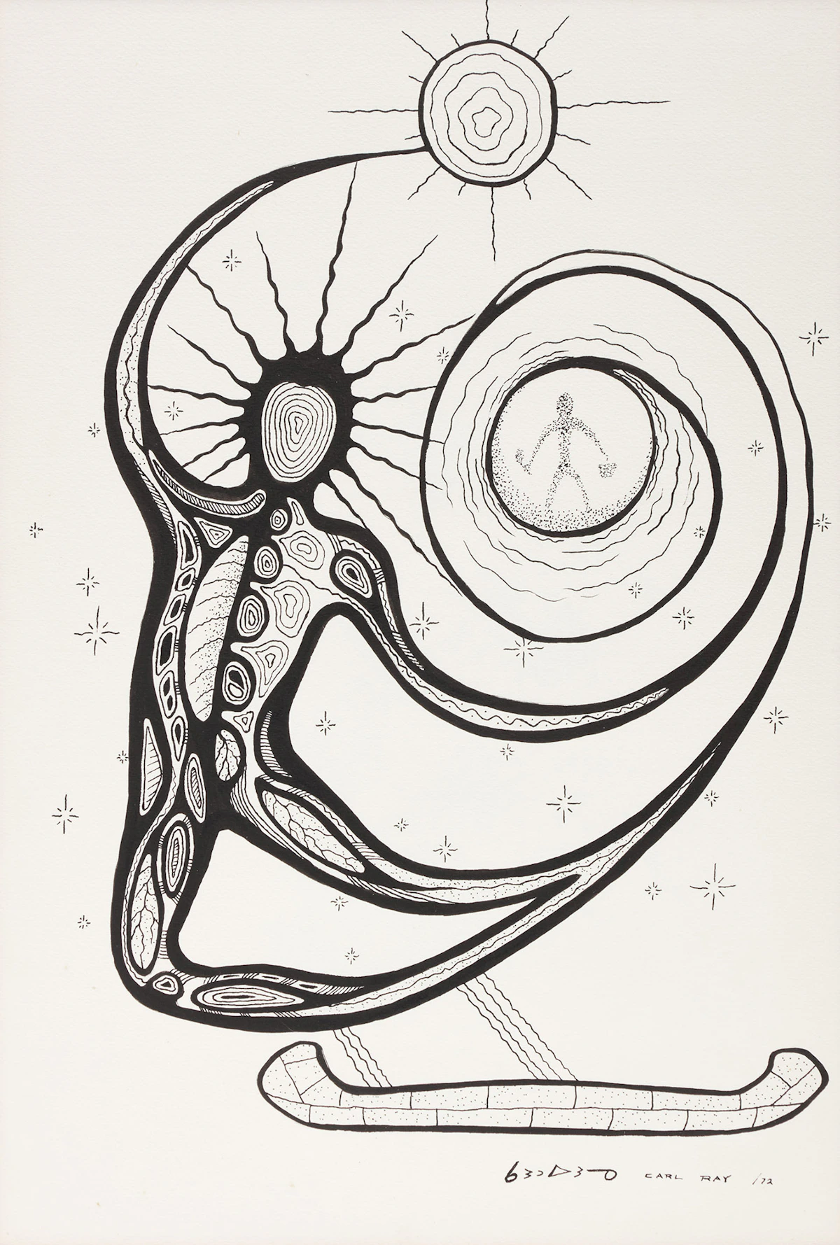 Carl Ray, Untitled (Figure with Sun), ink on paper, 1972