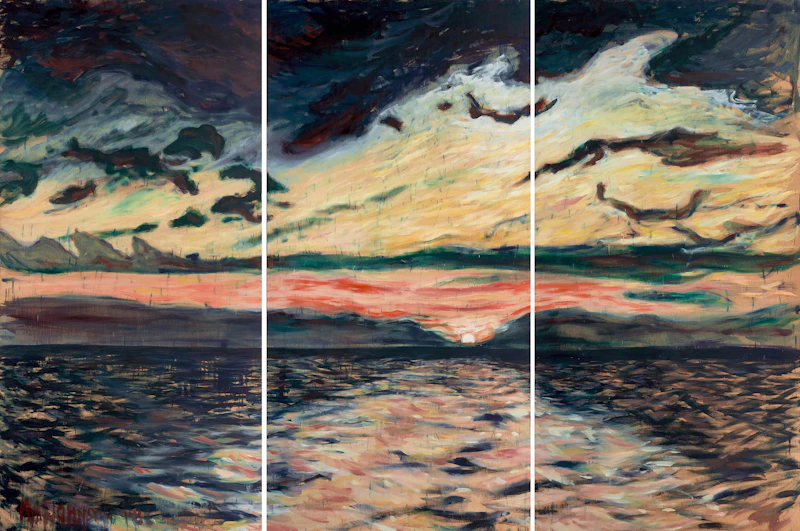 Rae Johnston, Sunset/Lake Winnipeg, 1988, three oils on wood