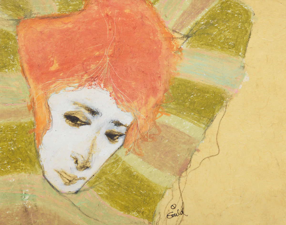 John Gould, Red Head & Striped Towel, mixed media on paper