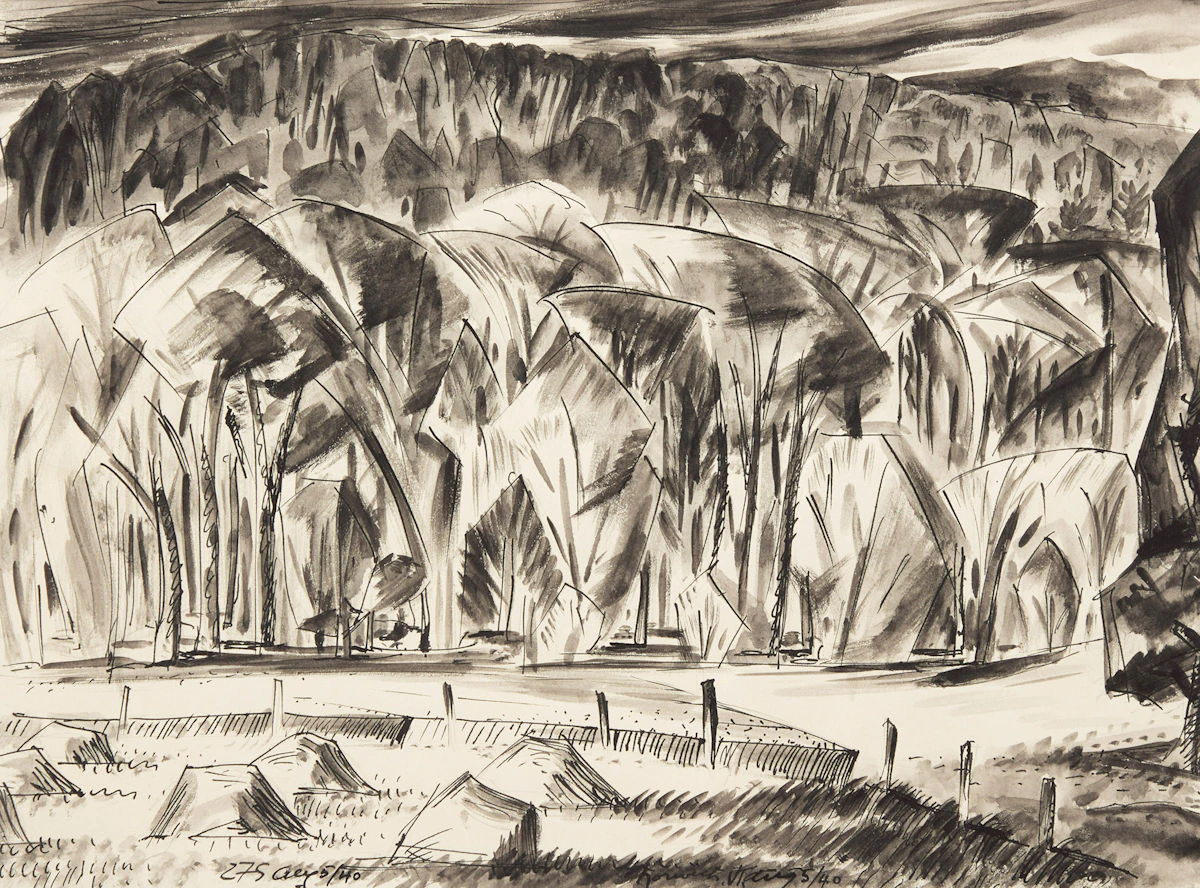Carl Fellman Schaefer, Mosley Hill, Vermont, ink wash, 1940