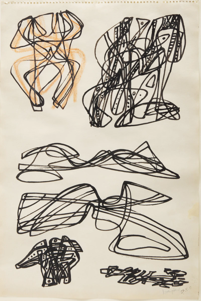 Stanley William Hayter, Coupled Figures, ink and coloured crayon on paper