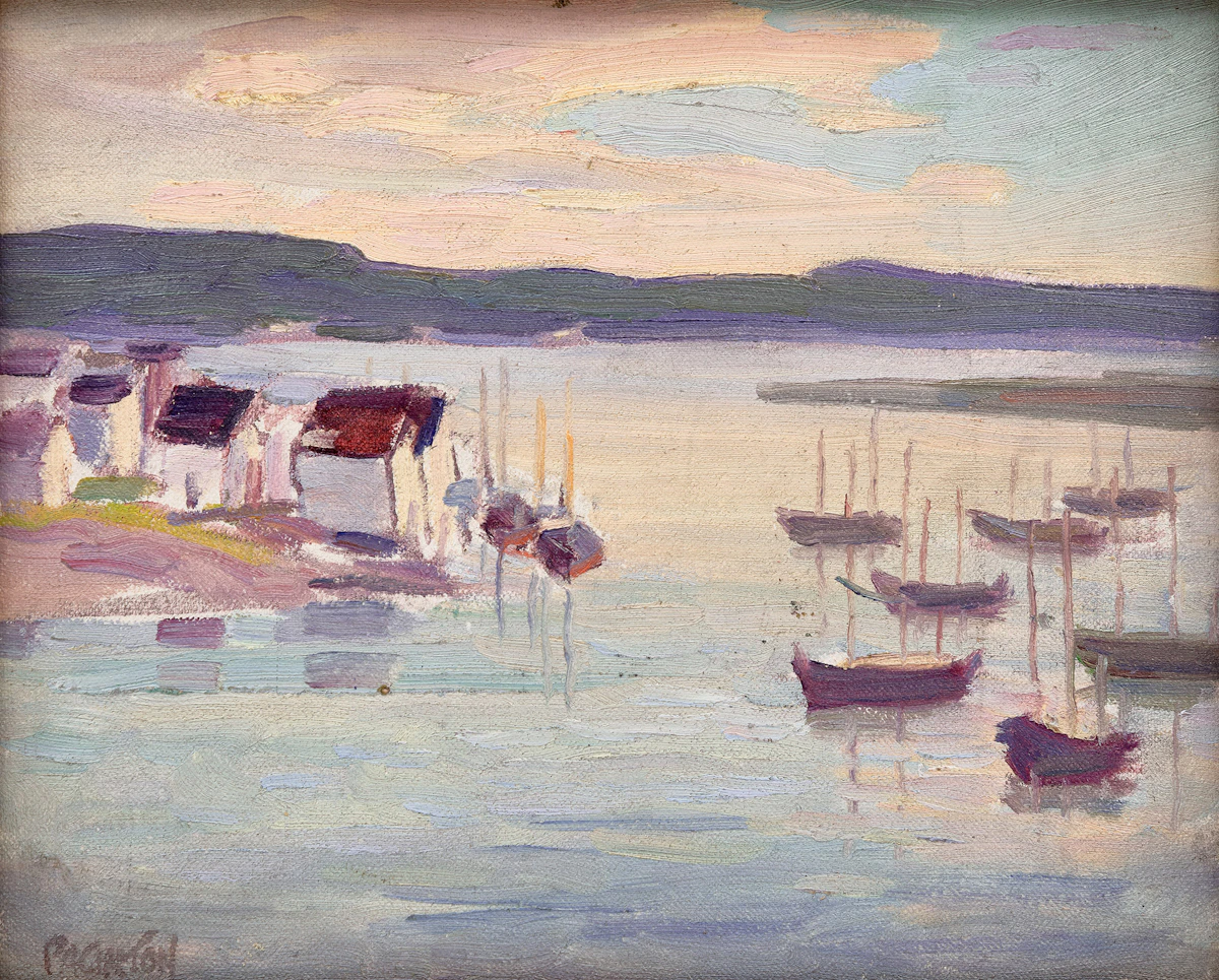 George Paginton, Fishing Boats at Anchor, 1932, oil on canvas board, circa 1932