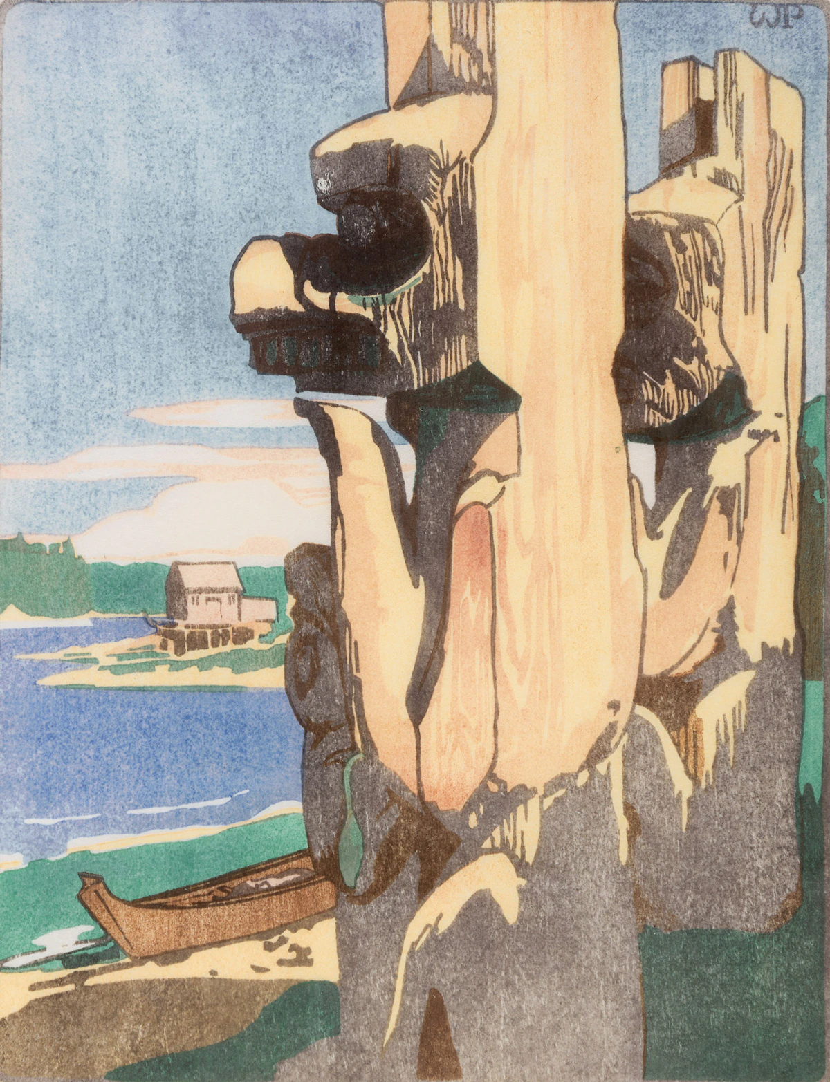 Walter Joseph Phillips, Siwash House Posts, Tsatsisnukomi, B.C., 1928, colour woodcut