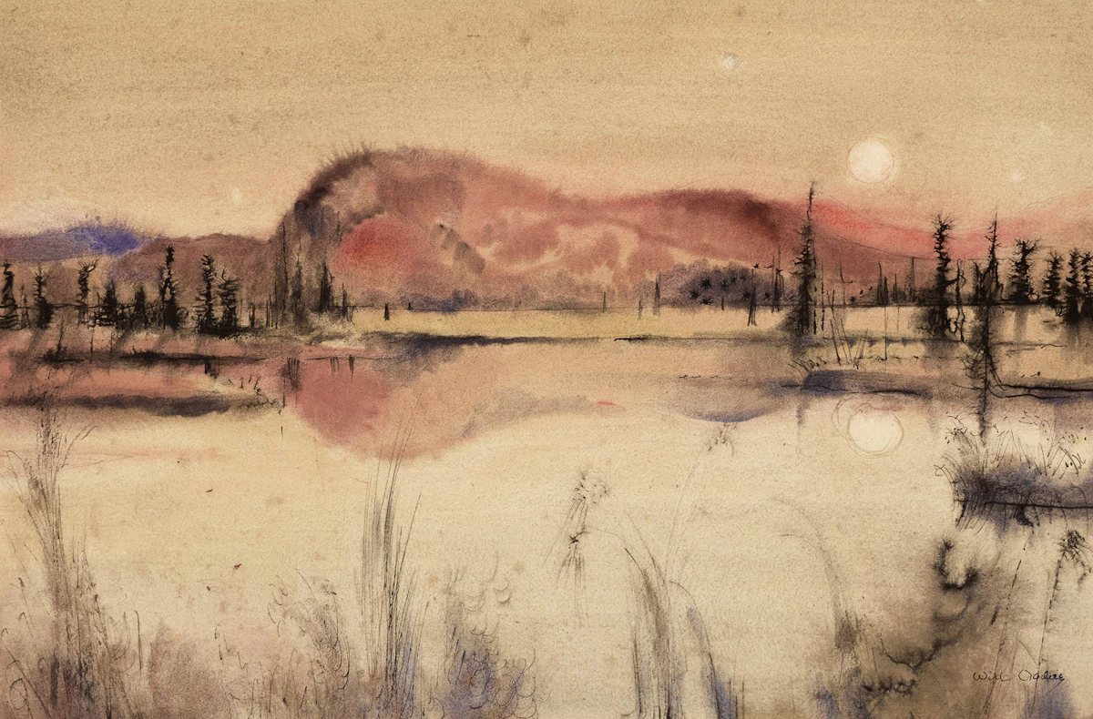 William Abernethy Ogilvie, Rising Moon, Algonquin Park, ink and watercolour on paper, 1964