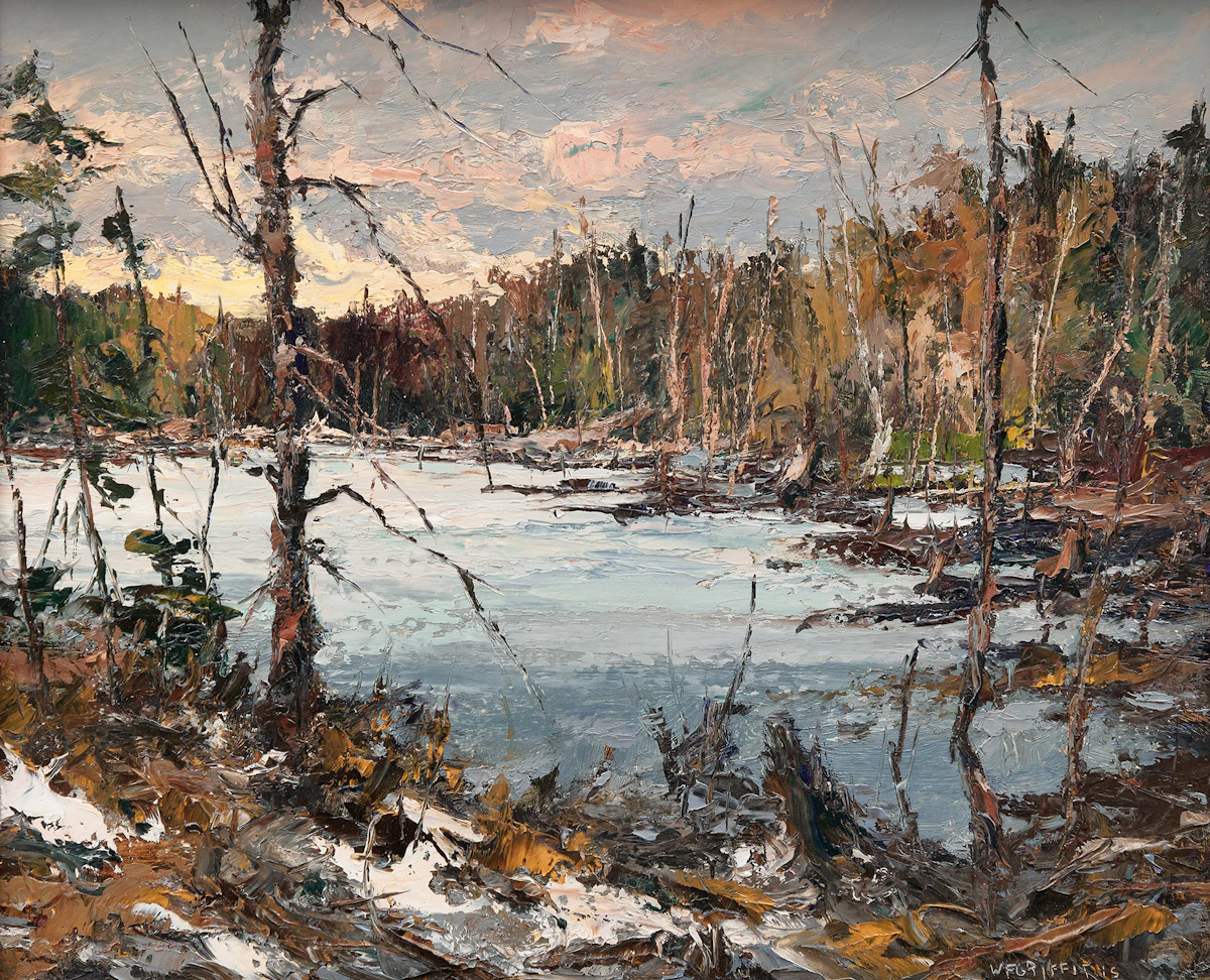 Wilf Frank Griffiths, Kenississ Lake, Haliburton; Old Brick Barn, Mississauga, two oils on board