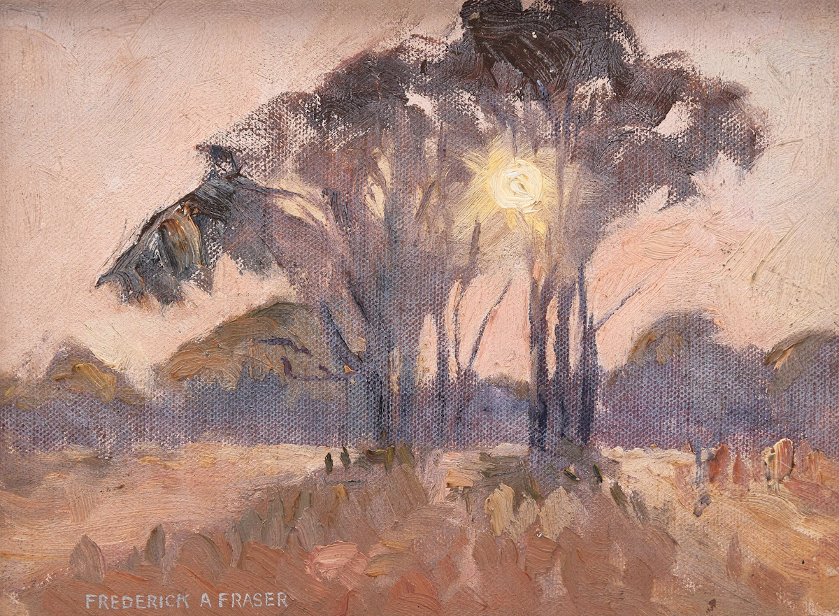 Frederick Alexander Fraser, Untitled (Sunset Through the Elms), oil on canvas laid down on board, circa 1935