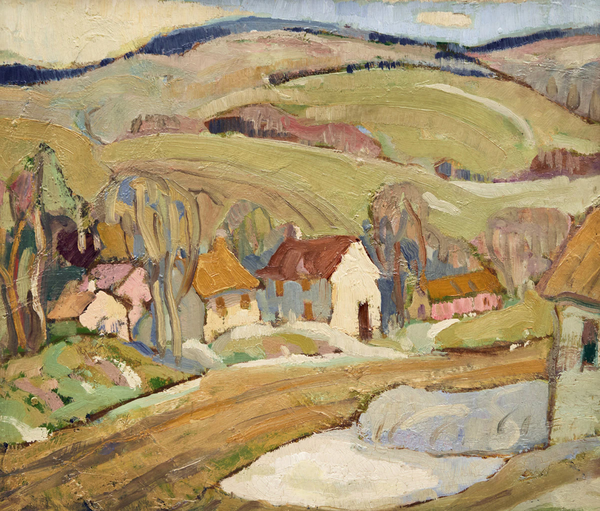 Nora Frances Elisabeth Collyer, Spring Landscape, Quebec Village, oil on board, circa 1921