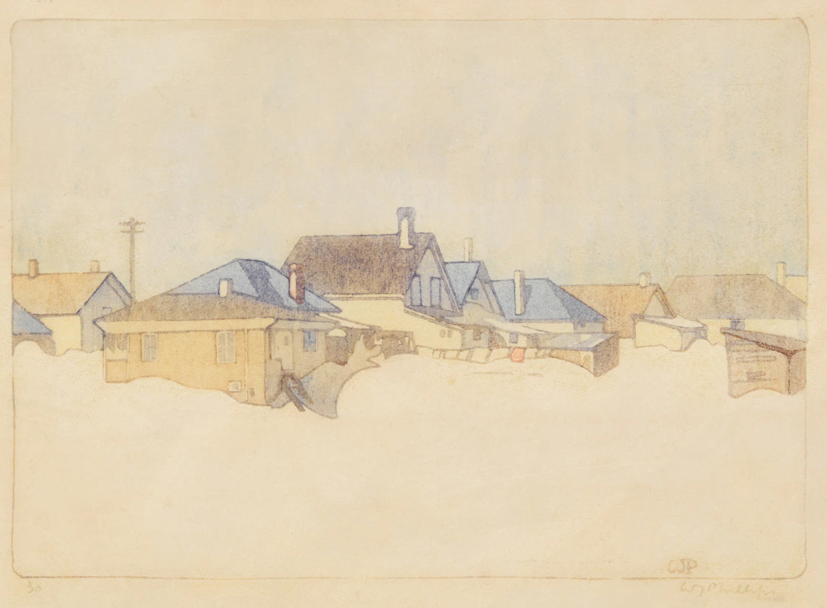 Walter Joseph Phillips, A Winnipeg, Street, Snow Bound, colour woodcut