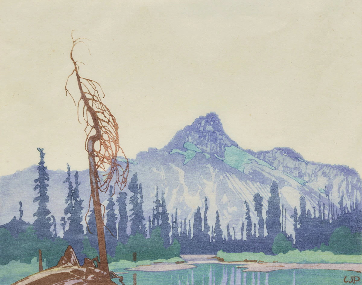 Walter Joseph Phillips, Mount Cathedral from Lake O'Hara, colour woodcut