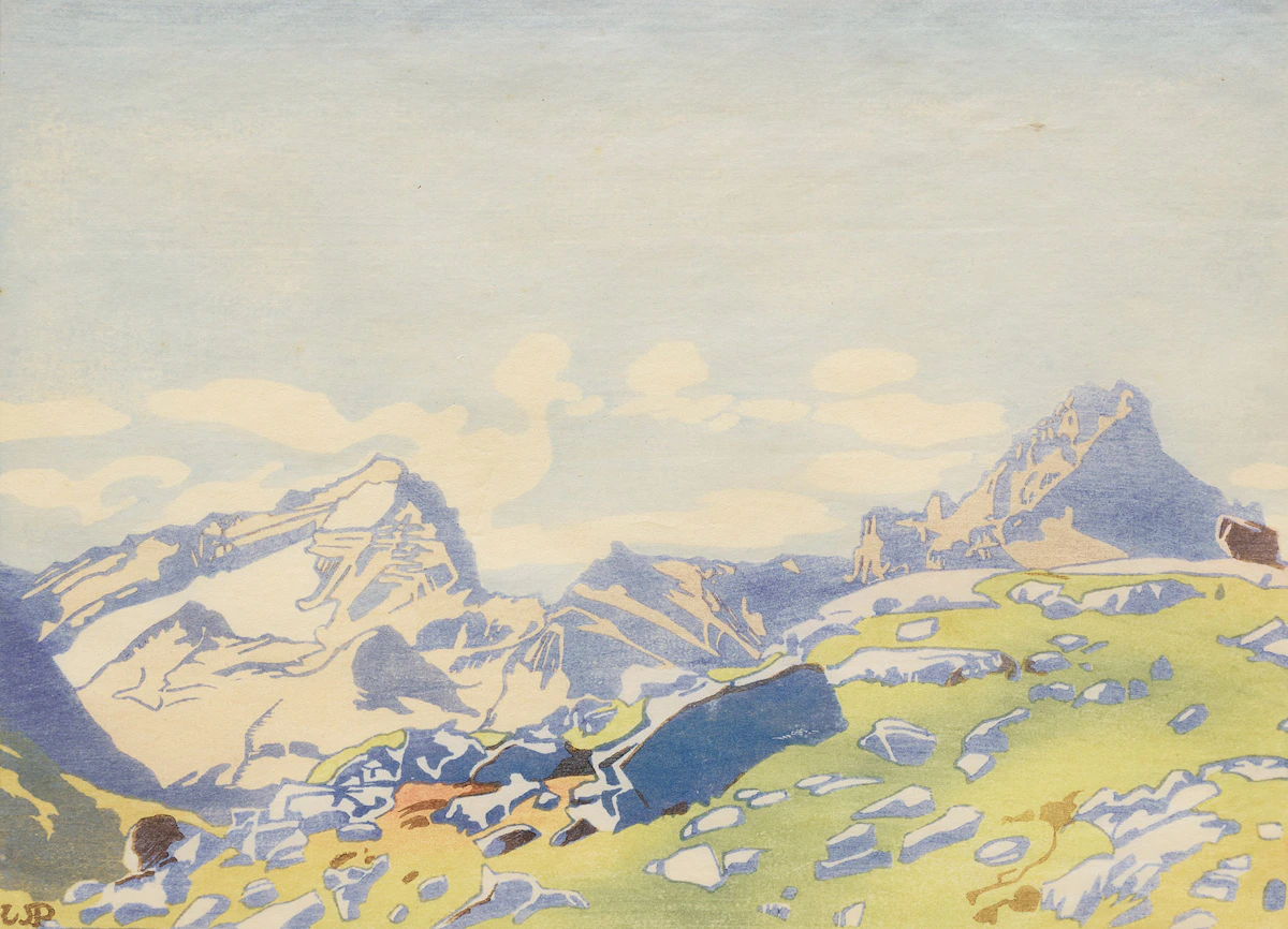 Walter Joseph Phillips, Mount Cathedral and Mount Stephen, colour woodcut