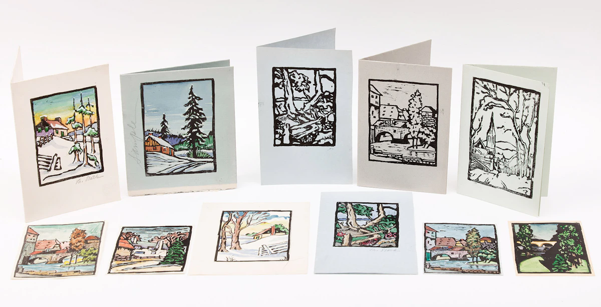 Muriel Stark, Assorted Cards, Prints & Originals, two ink and watercolour drawings and nine prints