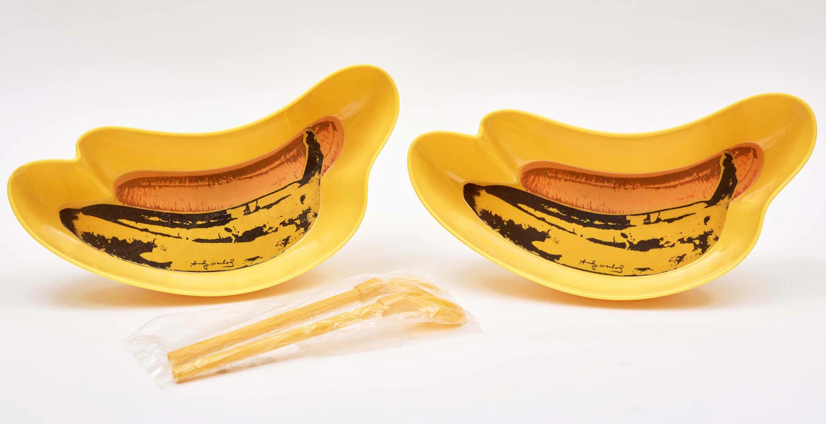 Andy Warhol, Two Banana Split Bowls with Spoons as Issued, coloured plastic