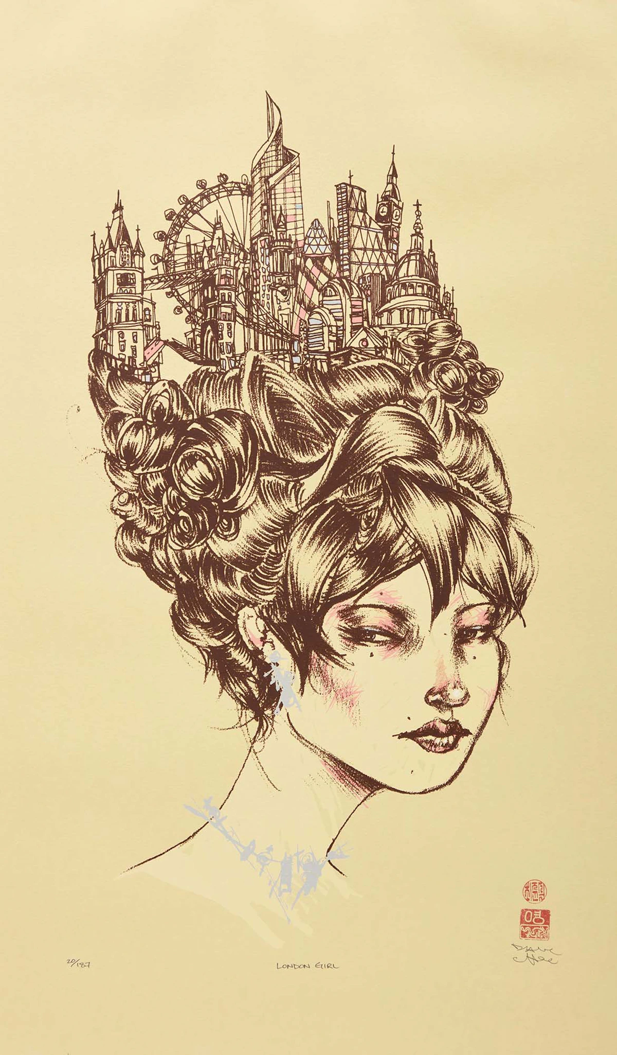 David Choe, London Girl, hand-embellished colour screenprint, 2077