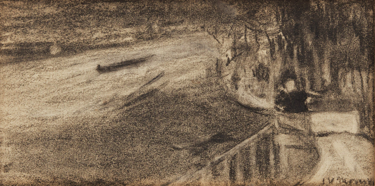 James Wilson Morrice, Riverside Promenade, black chalk on paper, circa 1890
