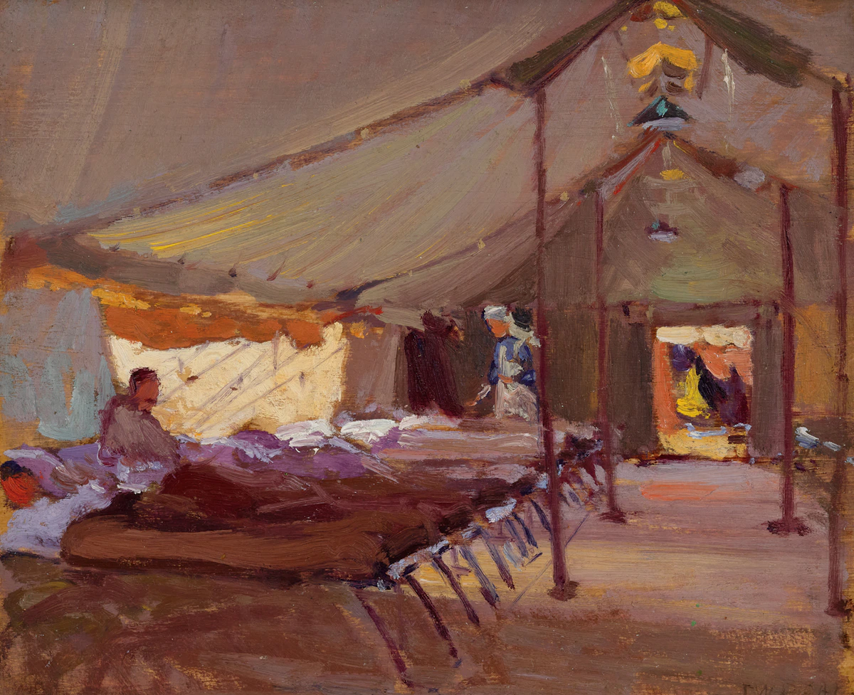 John William Beatty, Interior of a Field Hospital Tent (circa 1918), oil on panel, circa 1918