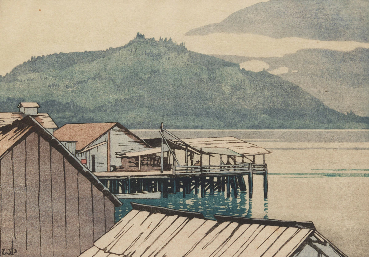 Walter Joseph Phillips, The Waterfront, Alert Bay, 1928, colour woodcut
