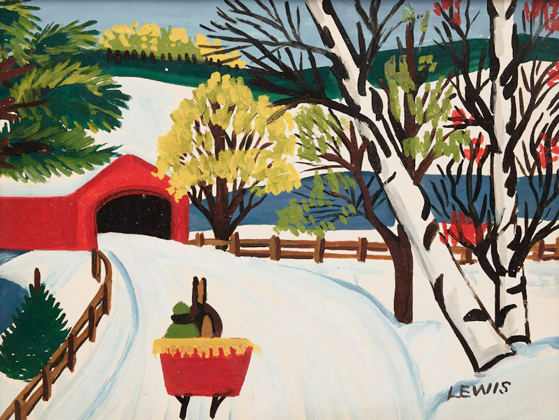 Maud Lewis, Birch Trees, Sleigh and Covered Bridge, mixed media on board