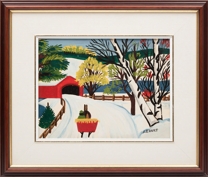 Maud Lewis, Birch Trees, Sleigh and Covered Bridge, mixed media on board, circa 1958 - view 2