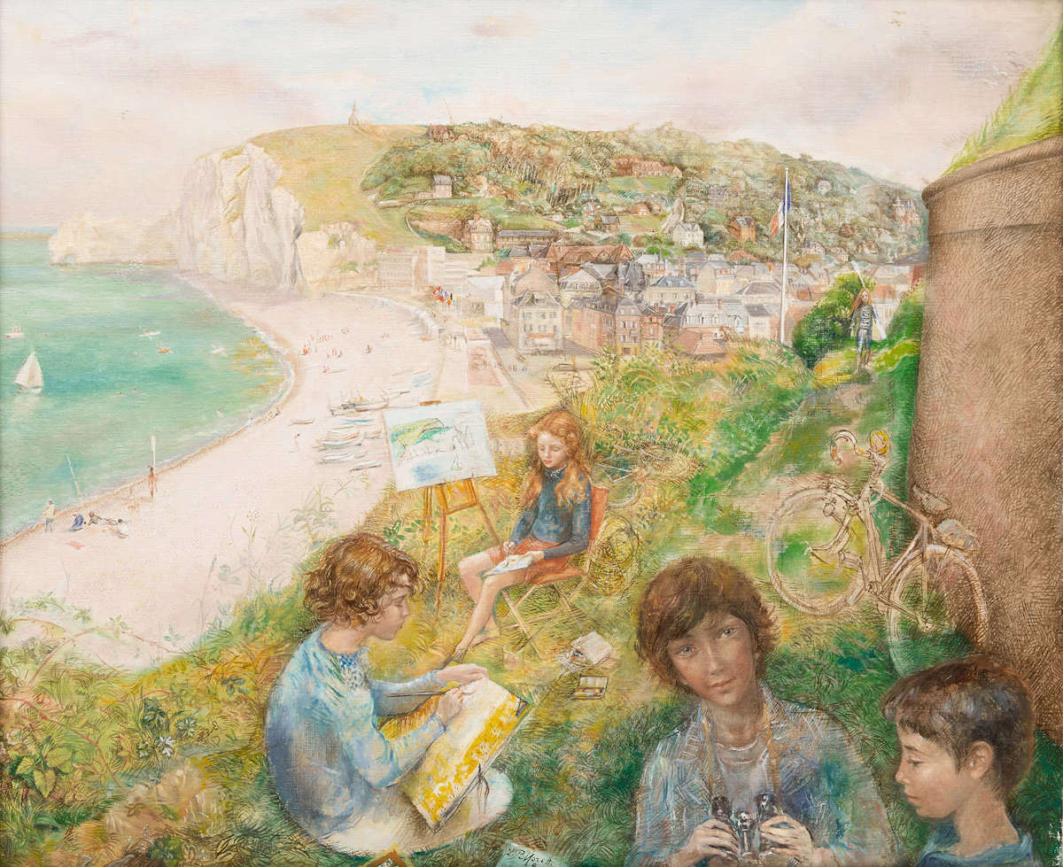 Lucien Philippe Moretti, Les deux falaises d'Étretat ou La partie de peinture, oil on canvas, 1971