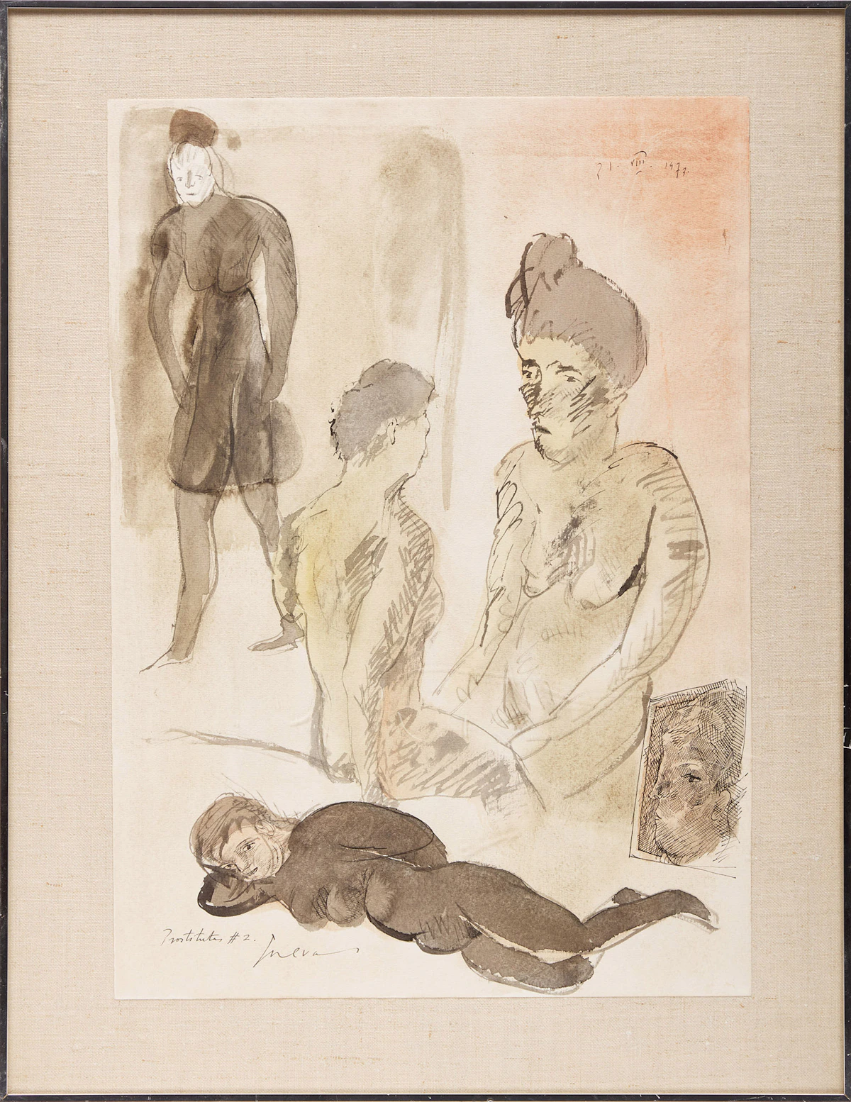 José Luis Cuevas, Two Studies: Autorretrato con página de estudios and Prostitutas #2, two mixed media works