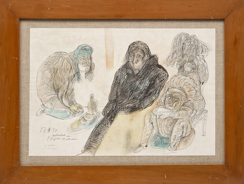 José Luis Cuevas, Two Studies: Autorretrato con página de estudios and Prostitutas #2, two mixed media works - view 2