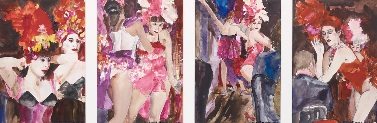 David Remfry, Burlesque Dancers, acrylic on paper