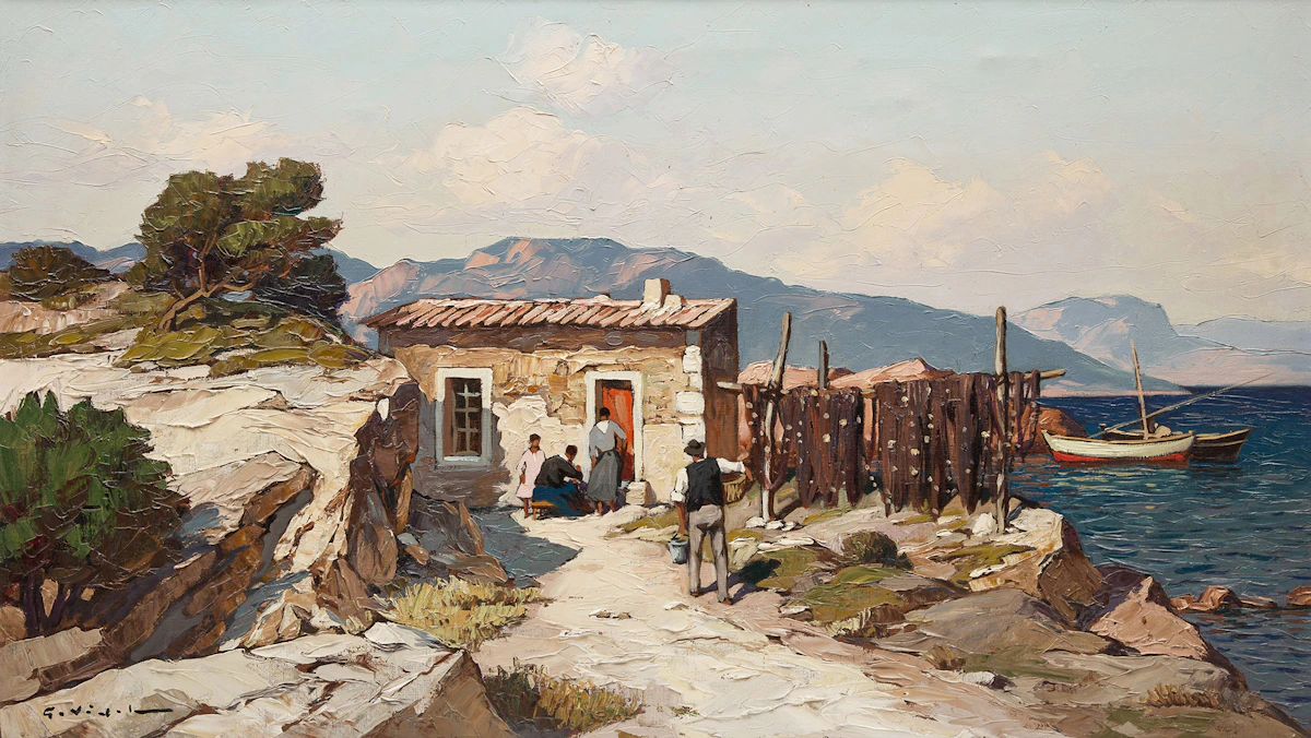 Gustave Vidal, Harbour House Along the Riviera, oil on canvas