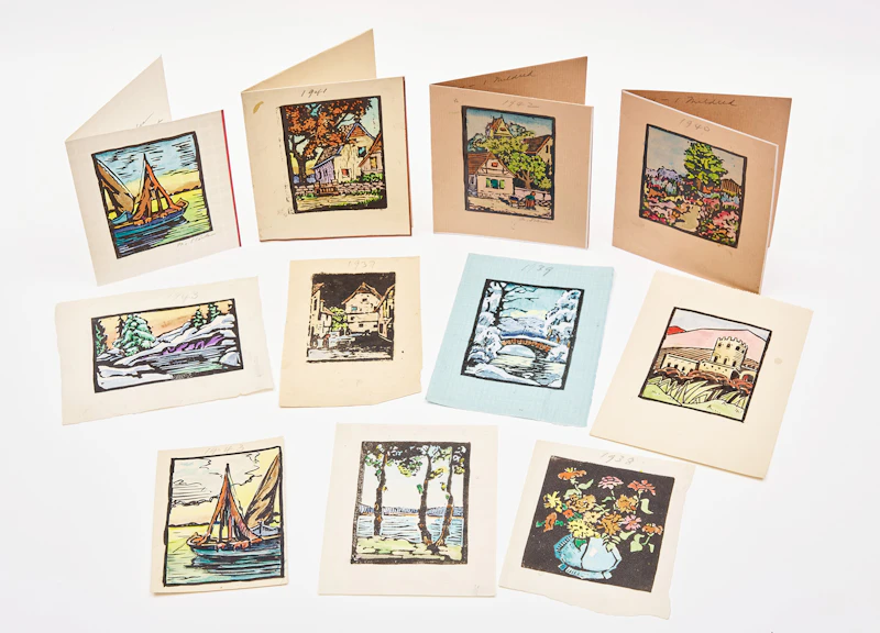 Muriel Stark, Assorted Cards, Prints & Originals, nine prints with hand colouring and two pencil, ink and watercolour drawings