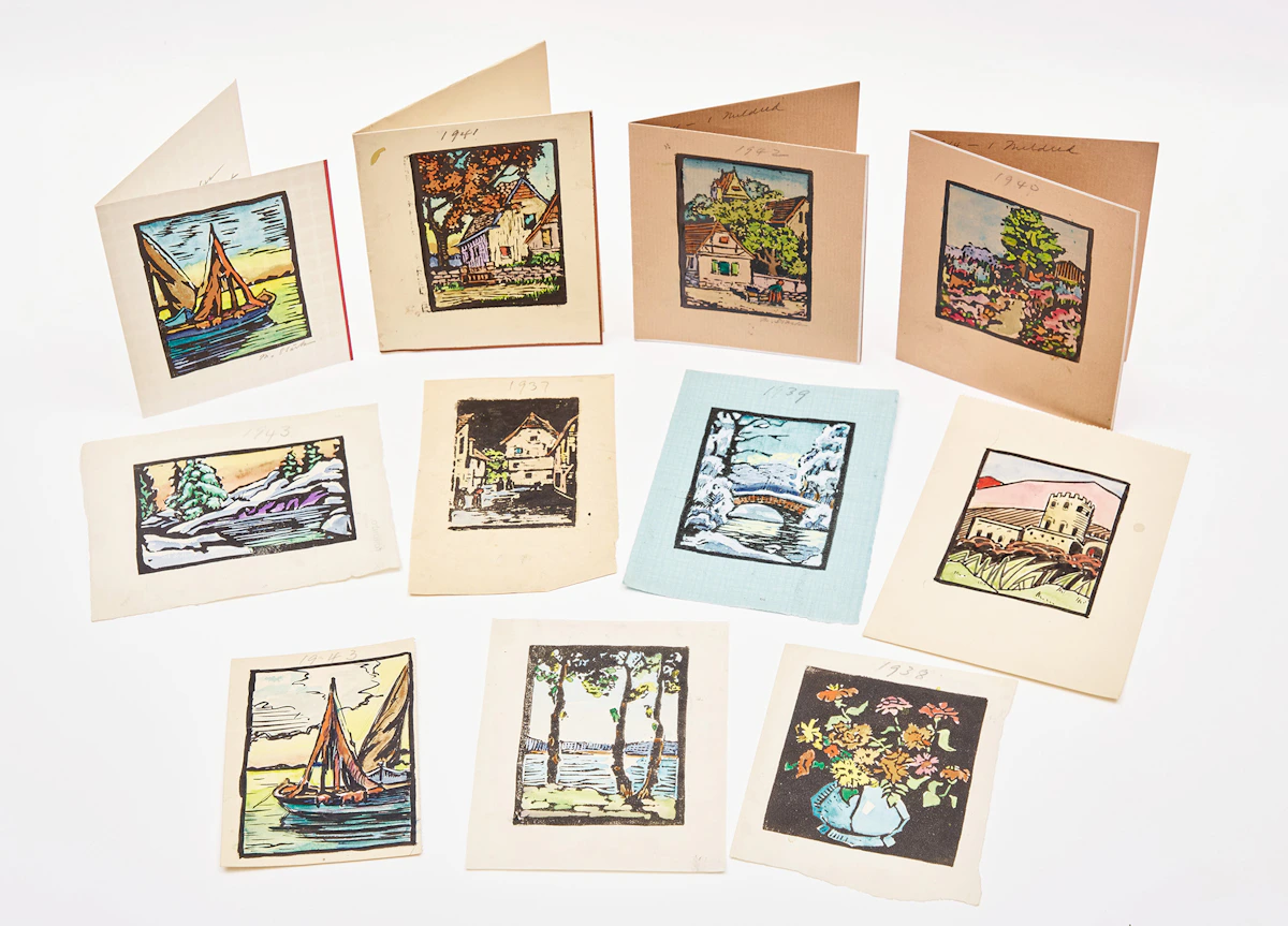 Muriel Stark, Assorted Cards, Prints & Originals, nine prints with hand colouring and two pencil, ink and watercolour drawings