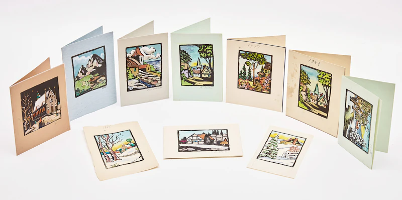 Muriel Stark, Assorted Cards, Prints & Originals, nine prints with hand colouring and one pencil, ink and watercolour drawing