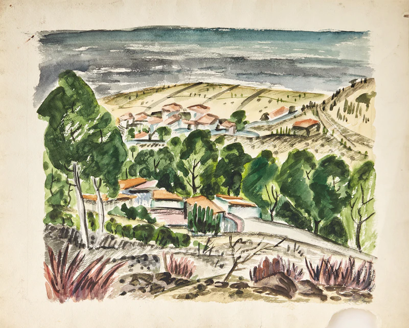 William John Bertram Newcombe, A  Woman Picks a Flower; Mexican Town; Figure in Hat, three watercolours - view 2