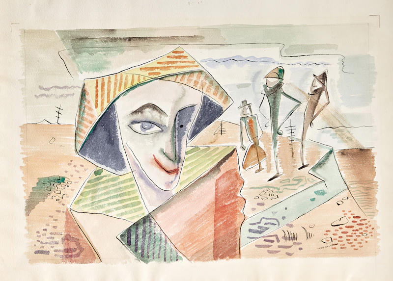 William John Bertram Newcombe, A  Woman Picks a Flower; Mexican Town; Figure in Hat, three watercolours - view 3