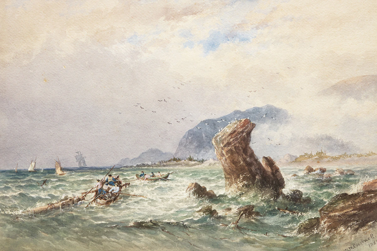William Nicoll Cresswell, Wreckers off Thumb Rock, 1881, watercolour