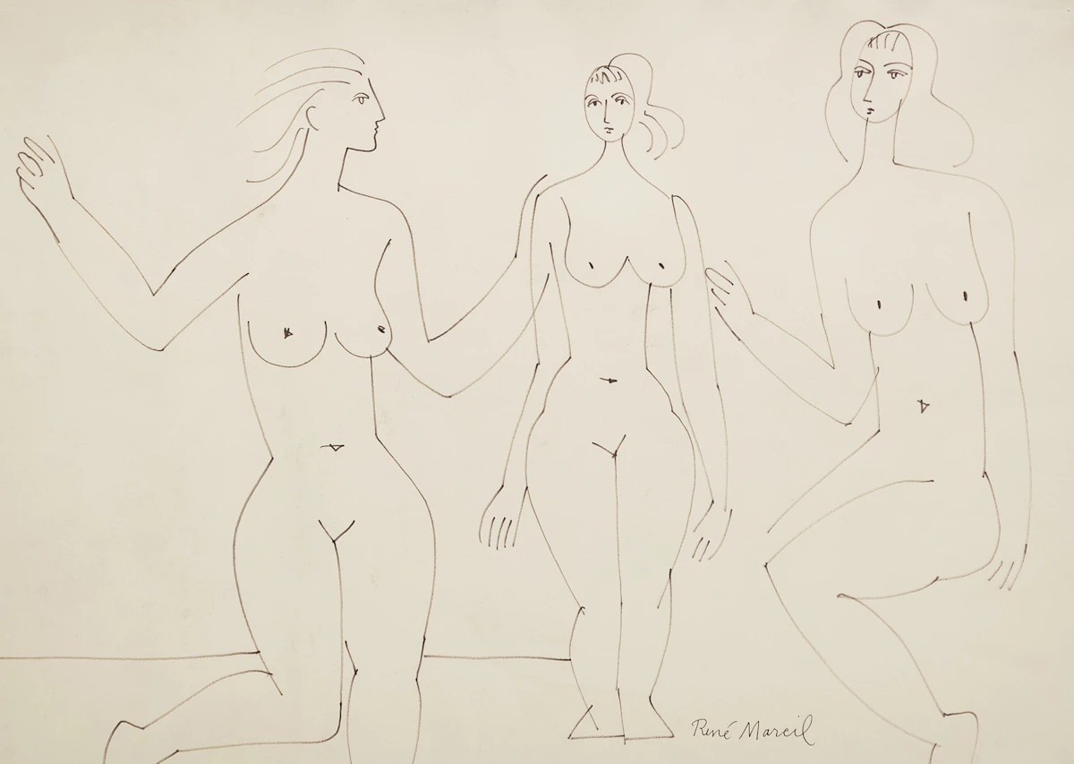 René Marcil, Untitled (Three Female Figures), felt marker drawing, 1972