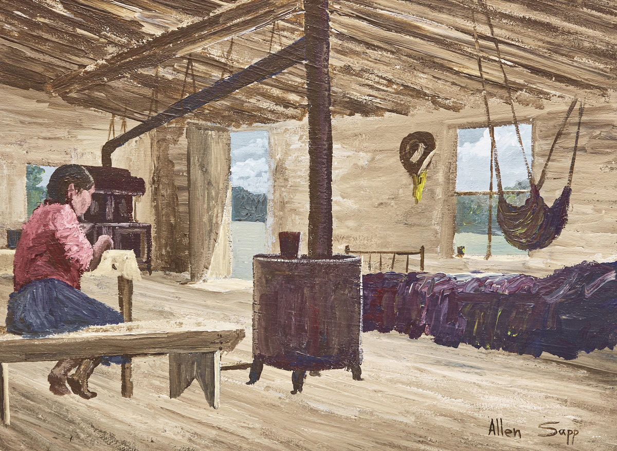 Allen Sapp, Making Moccasins, 1974, acrylic on canvas