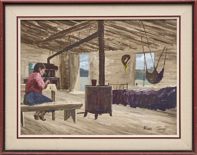 Allen Sapp, Making Moccasins, 1974, acrylic on canvas - view 2