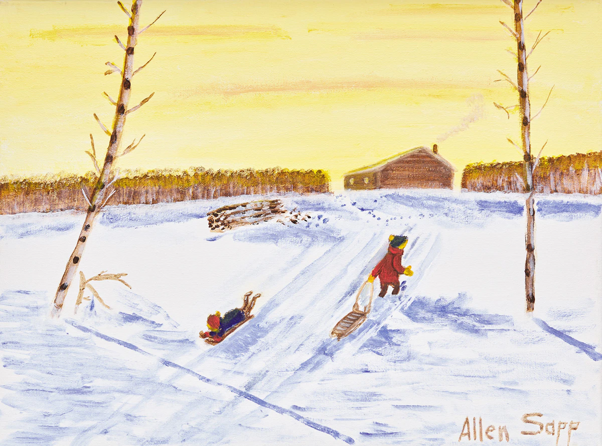 Allen Sapp, Sledding in Winter, acrylic on canvas