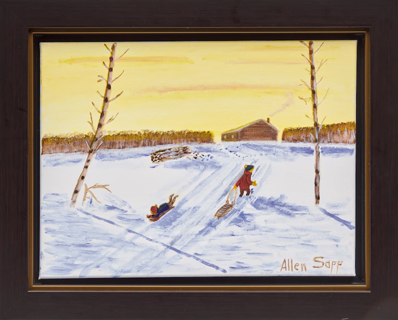 Allen Sapp, Sledding in Winter, acrylic on canvas - view 2