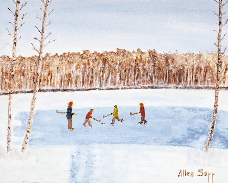Children Playing Hockey by Allen Sapp