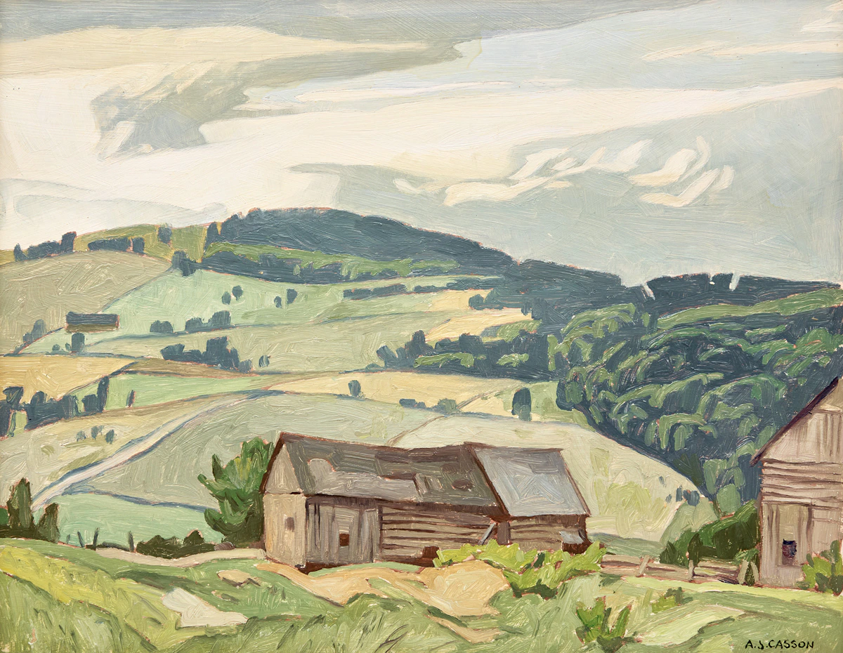 Alfred Joseph Casson, Farmland in the Madawaska Valley Near Palmer Rapids, circa 1966, oil on board