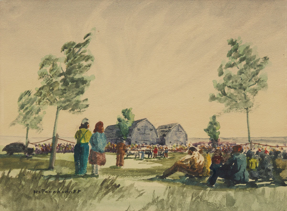 William Perehudoff, Farm Gathering, watercolour
