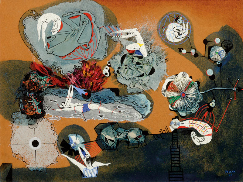 Alfred Pellan, Au soleil noir, 1958, oil and silica on board