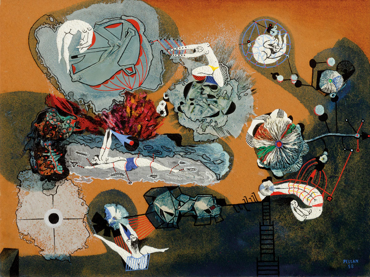 Alfred Pellan, Au soleil noir, 1958, oil and silica on board