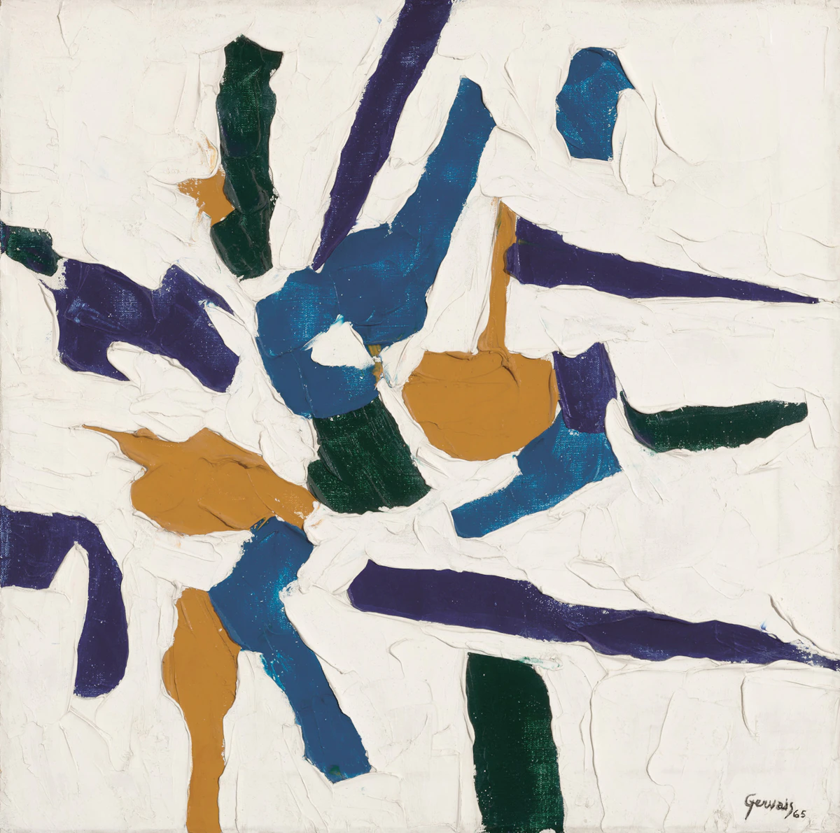 Lise Gervais, Abstraction en bleu, jaune et vert, 1965, oil on canvas, circa 1965
