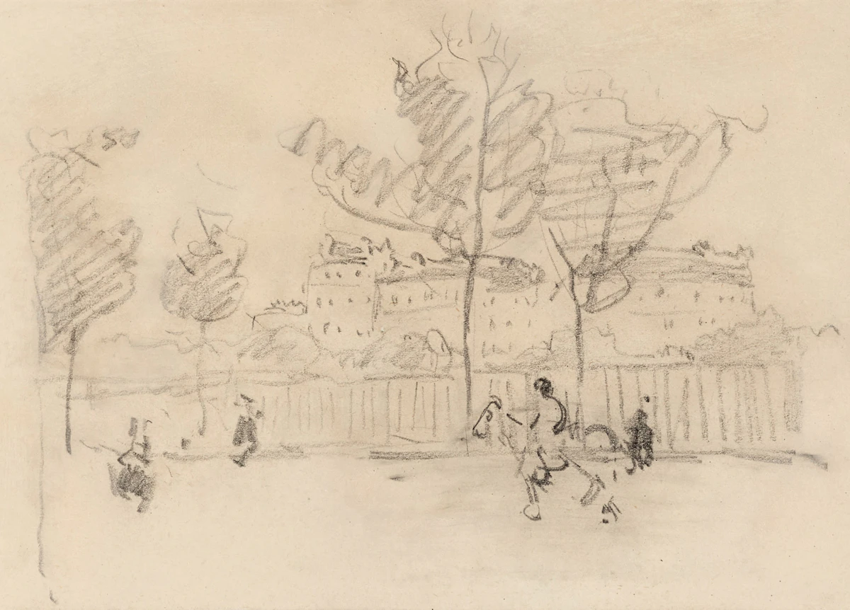 James Wilson Morrice, Street Scene, Paris, circa 1898, graphite on paper mounted to paper