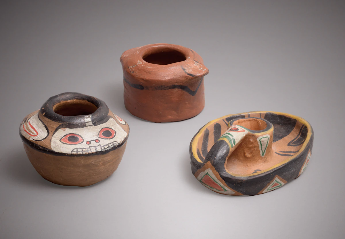 Emily Carr, Collection of Klee Wyck Pottery, three painted ceramics