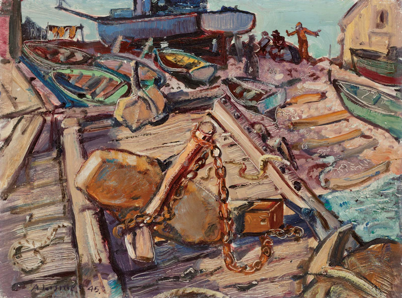 Arthur Lismer, Launching the Blue Boat, Cape Breton. N.S., 1945, oil on board
