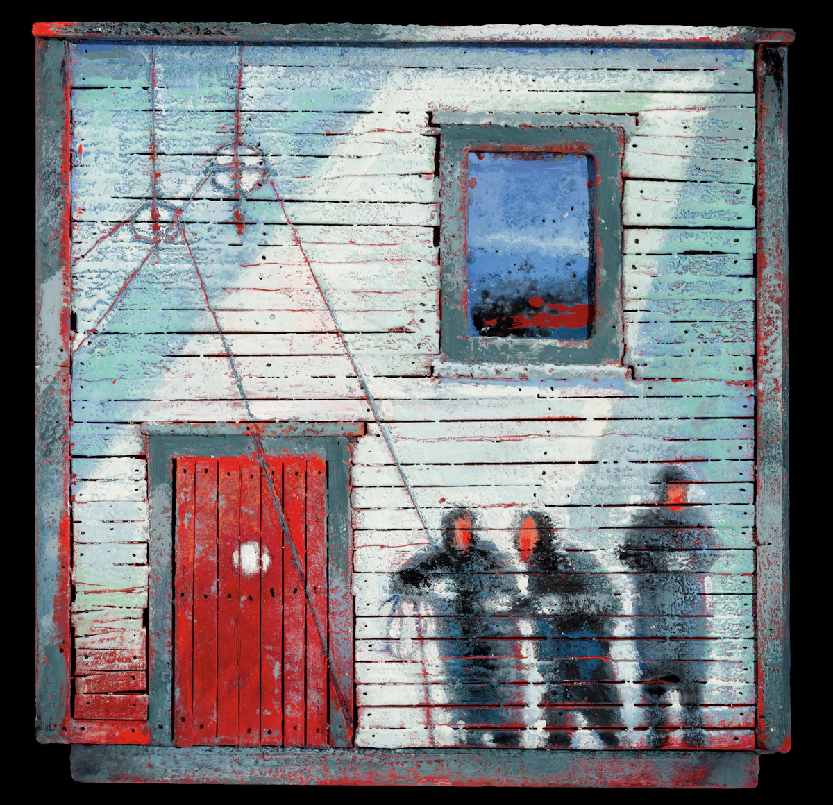 David Lloyd Blackwood, Three Fishermen on Stage Head, 2013-2021, encaustic on built wood panel, 2013