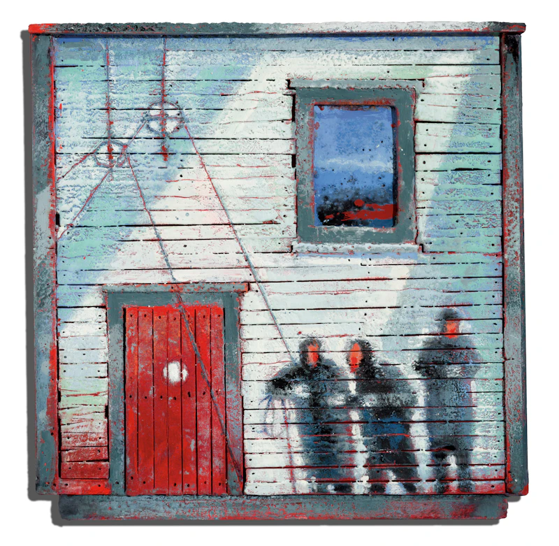 David Lloyd Blackwood, Three Fishermen on Stage Head, 2013-2021, encaustic on built wood panel, 2013 - view 2