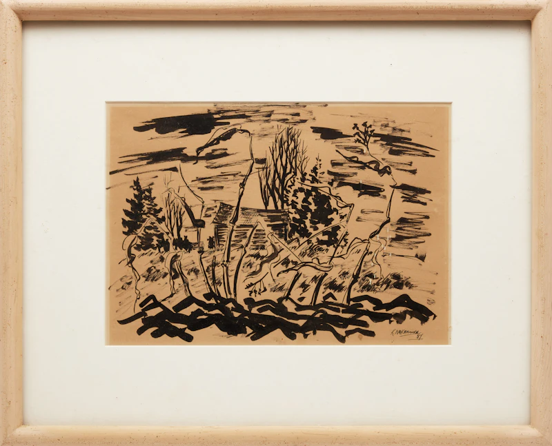 Kazuo Nakamura, Untitled Landscape with Barn, ink on paper, 1957 - view 2